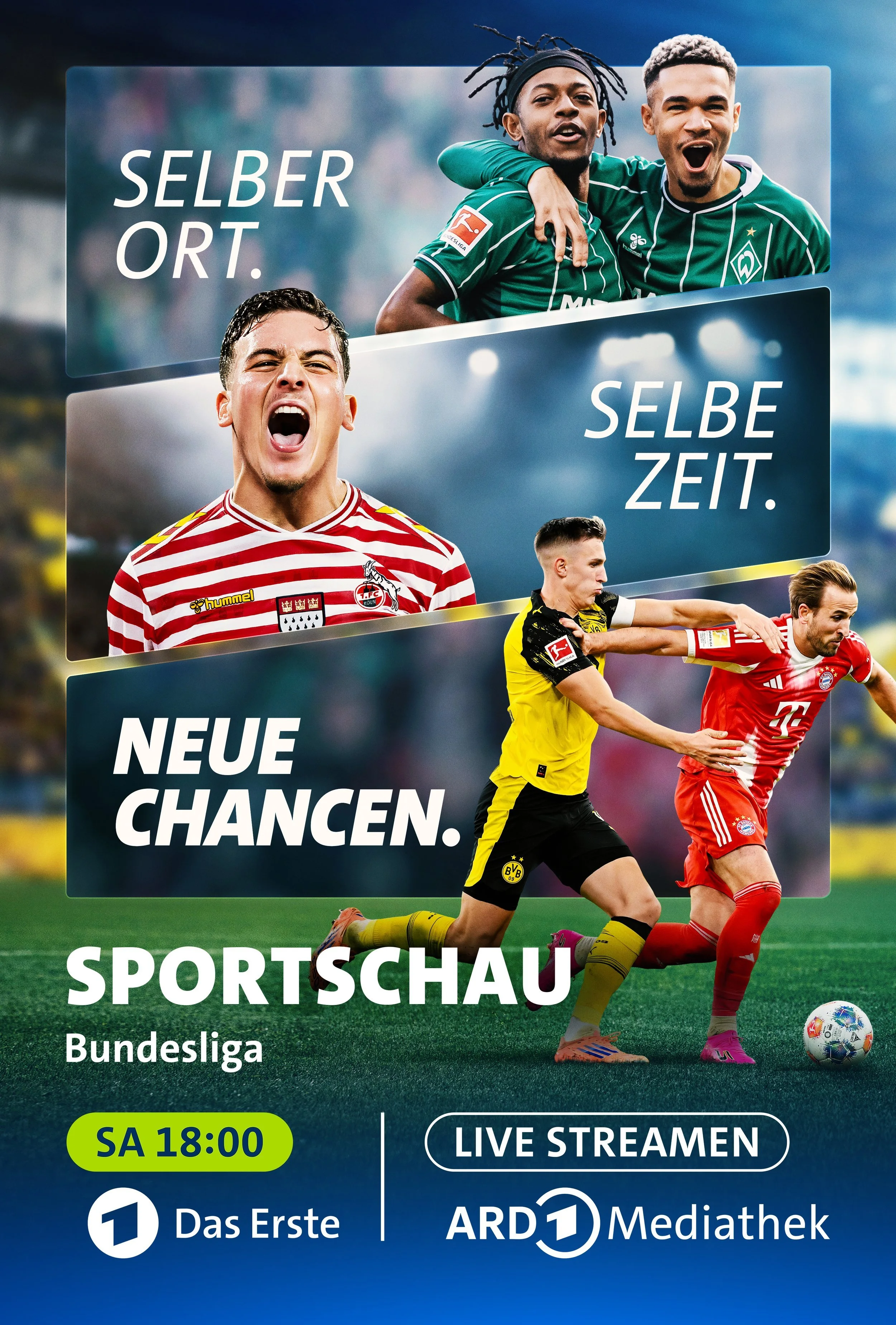 Bundesliga-Spieler in gestapelten Panels auf grünem Rasen, ARD Sportschau Bundesliga – Composing von Bildergut.