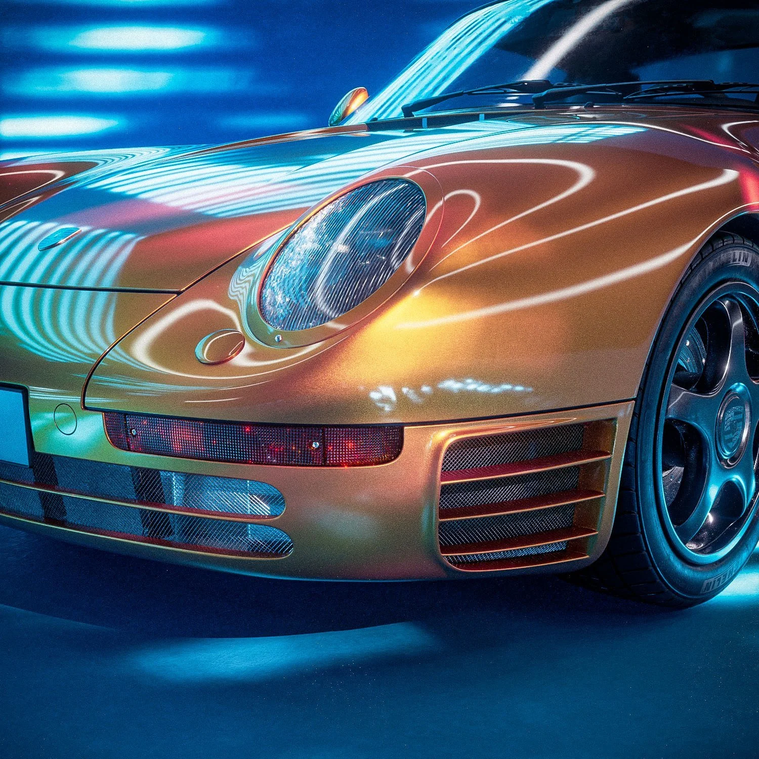 Goldener Porsche 959 in Nahaufnahme mit reflektierenden Neon-Lichtstreifen auf blauem Grund – Retusche Bildergut.