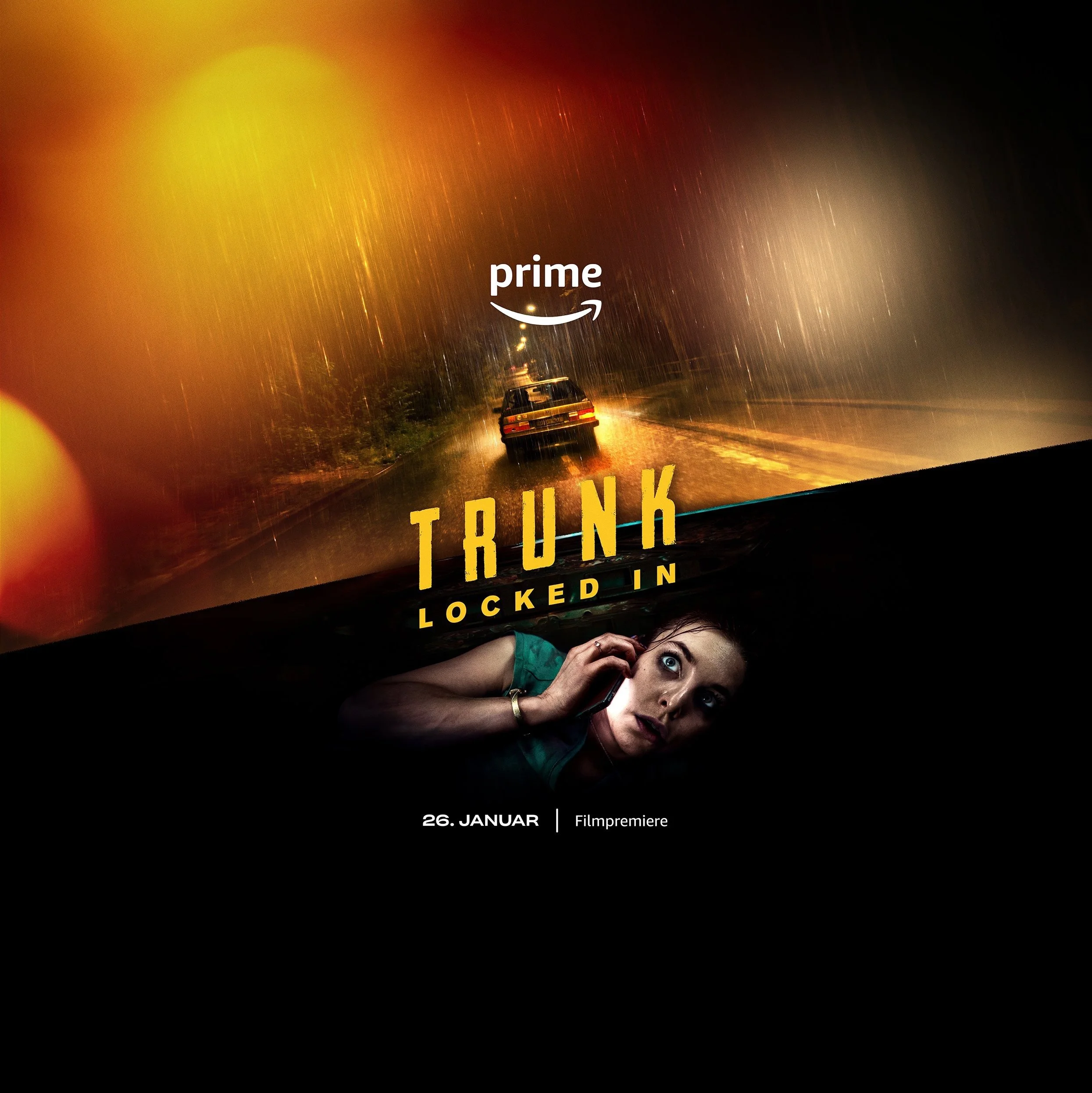 Nächtliche Autofahrt im Regen und eingesperrte Frau im Kofferraum, Amazon Prime Trunk Locked In – Composing von Bildergut.