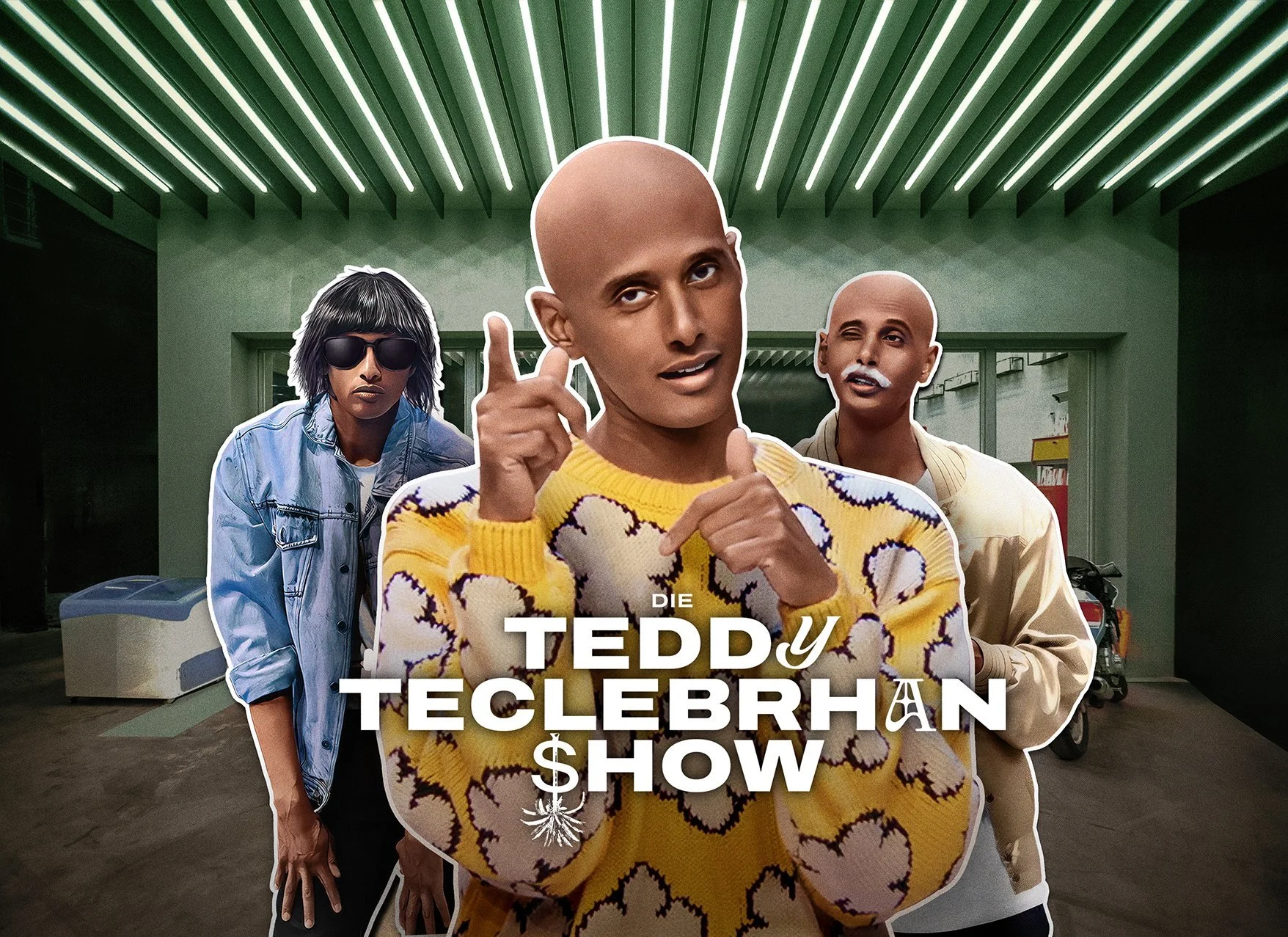 Teddy Teclebrhan in drei Rollen im grün beleuchteten Innenhof, Amazon Prime Die Teddy Teclebrhan Show – Composing Bildergut.