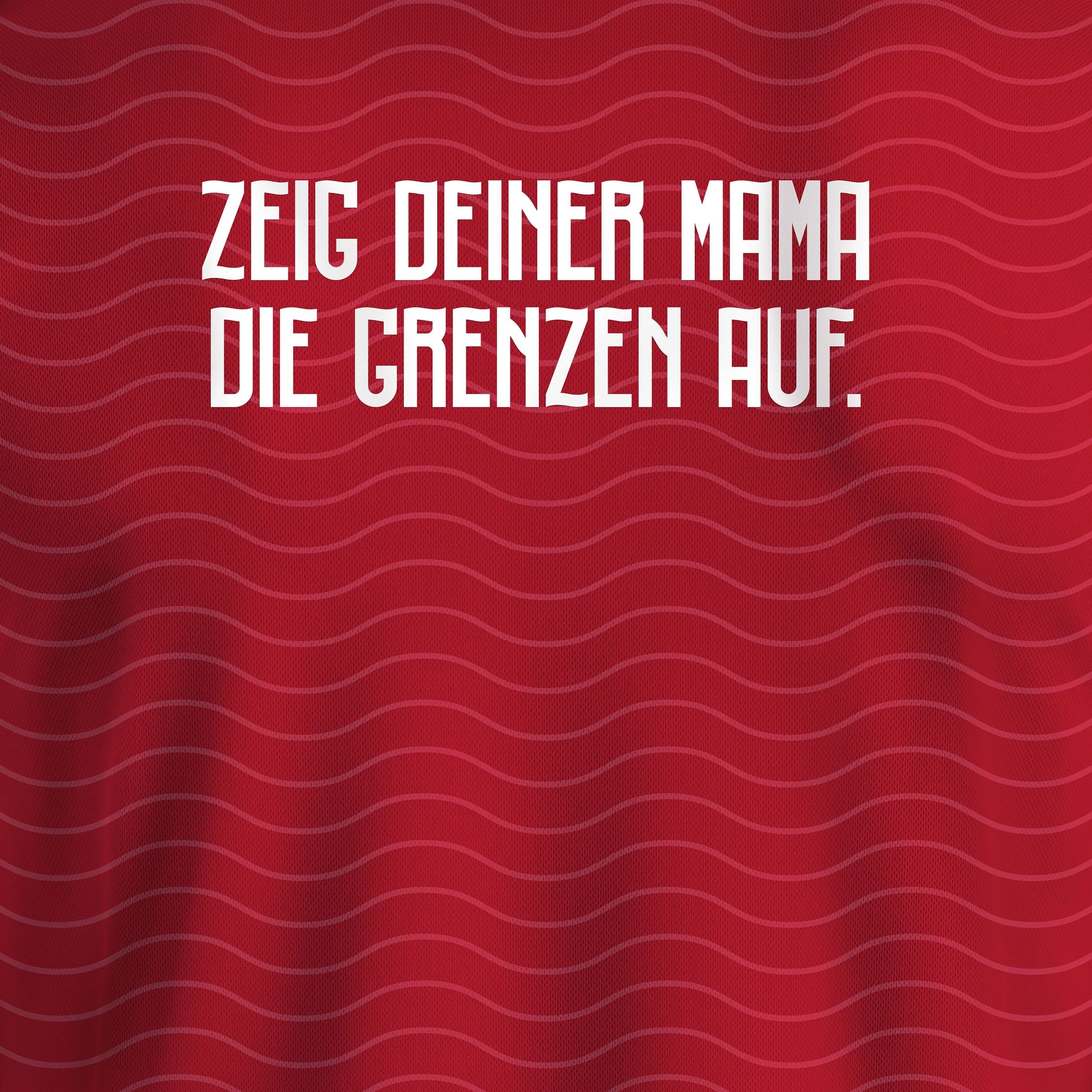 20 Minuten WM-Tippspiel: Rotes Portugal-Trikot mit Wellenmuster, weisse Flockschrift "Zeig deiner Mama die Grenzen auf."