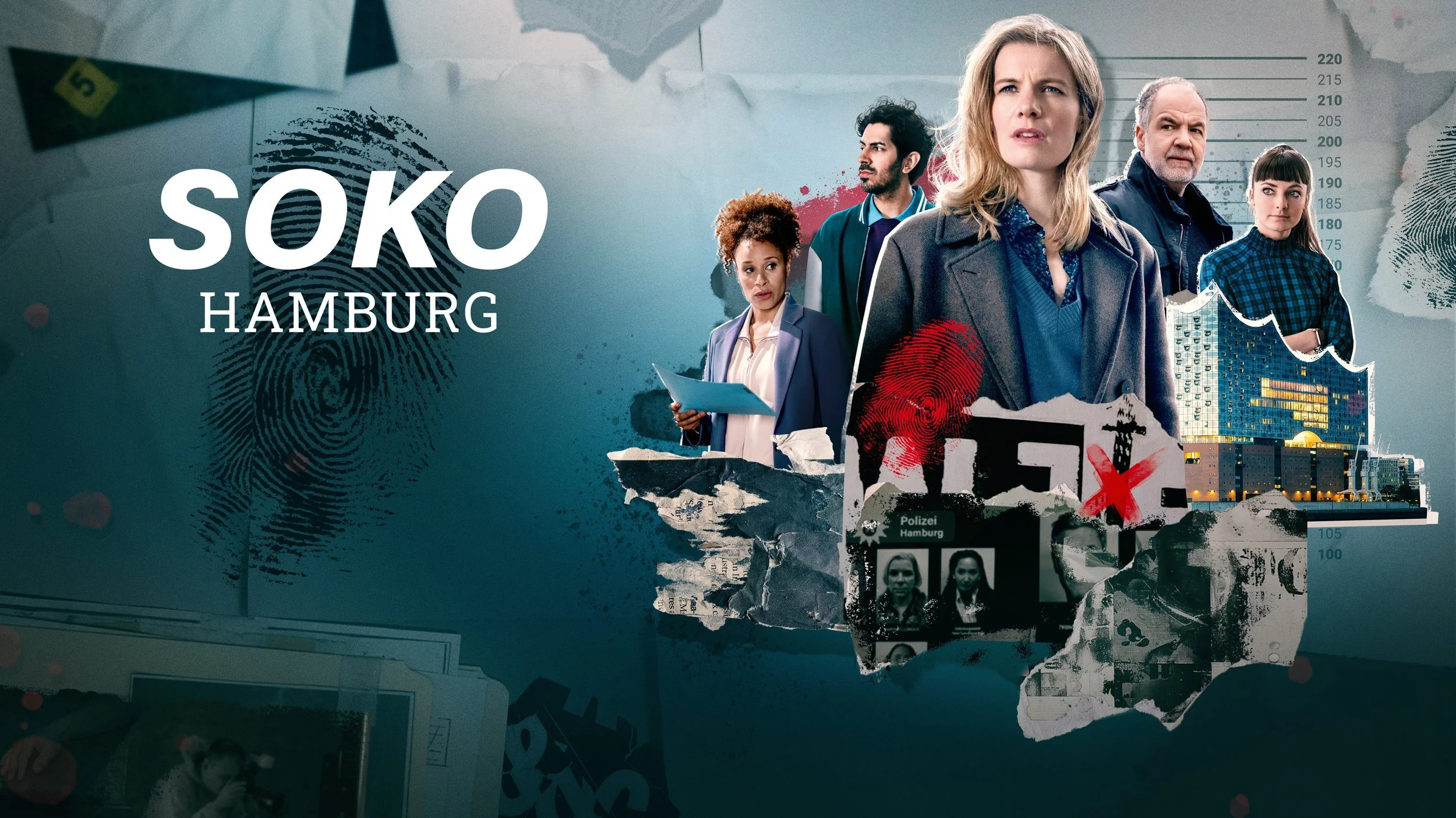 Ermittlerteam in Collage aus Fingerabdrücken und Elbphilharmonie, ZDF SOKO Hamburg – Composing von Bildergut.