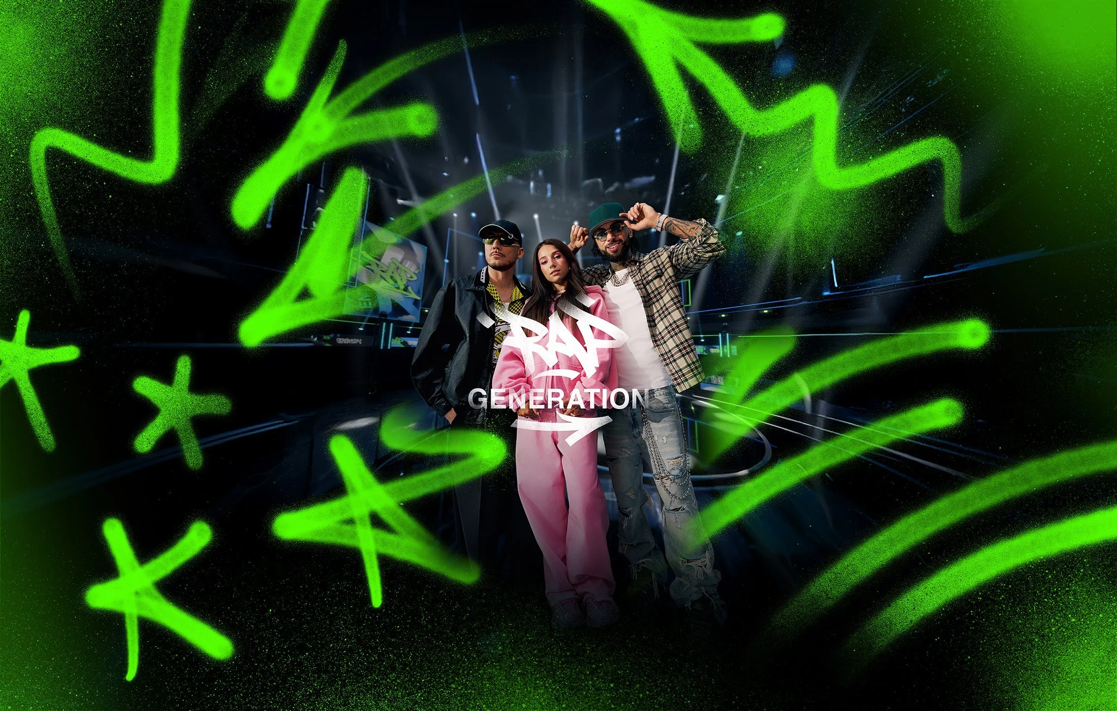 Drei Rapper vor Bühne mit grünen Graffiti-Sprays, Amazon Prime Rap Generation – Composing von Bildergut.