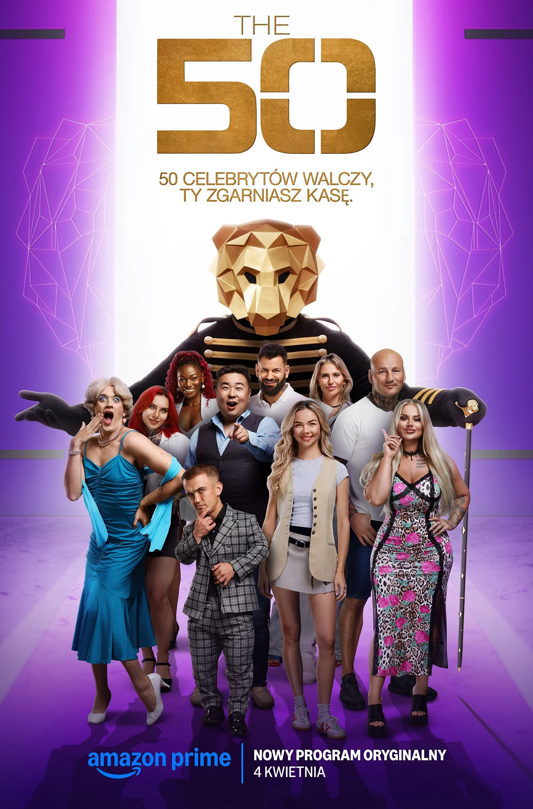 Key-Visual The 50 Poland mit goldener Löwenmaske und Cast auf lila Bühne für Amazon Prime – Composing Bildergut.