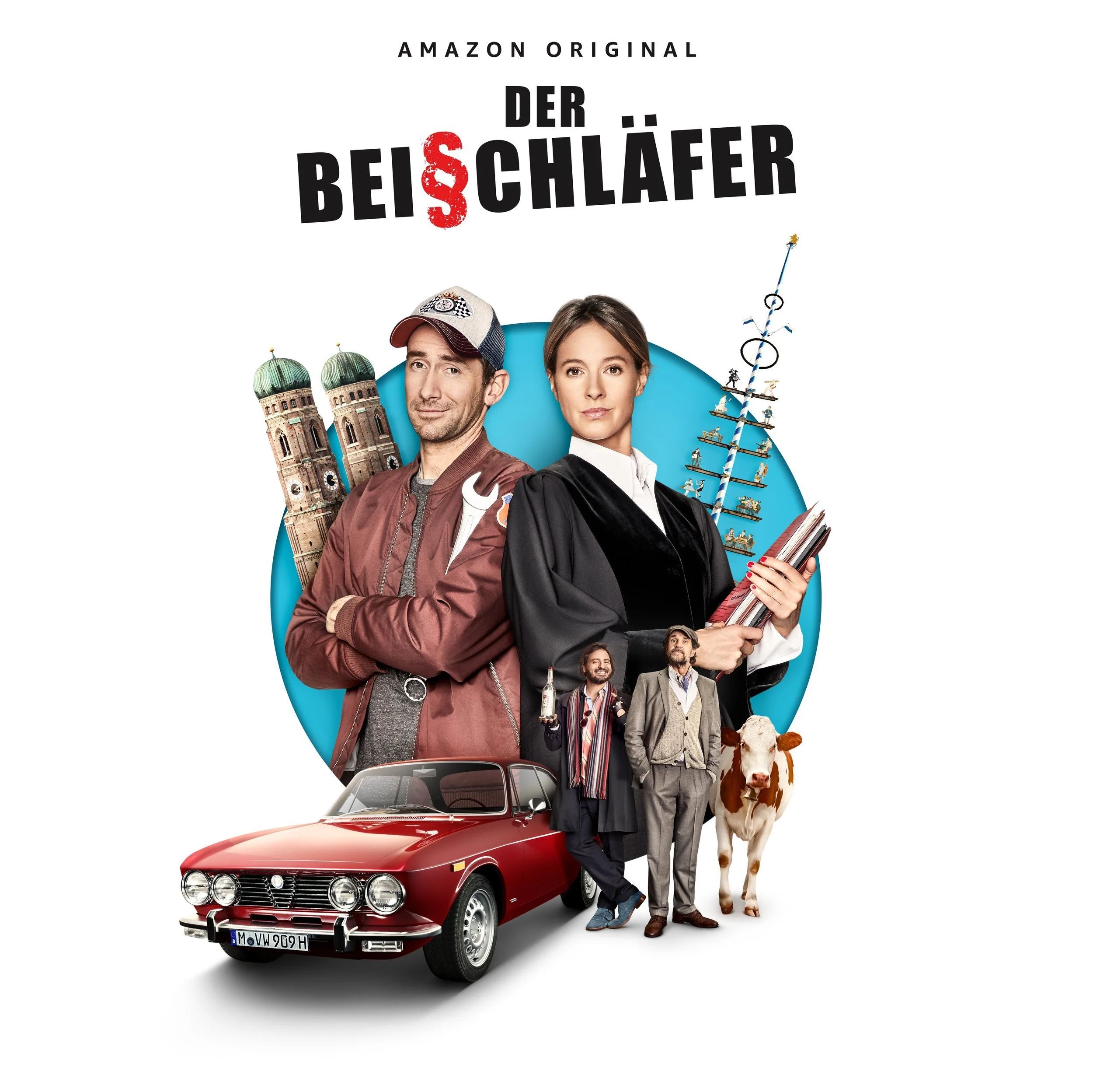 Zwei Hauptdarsteller mit rotem Alfa und Münchner Motiven, Key Art zu Der Beischläfer für Amazon – Composing Bildergut.