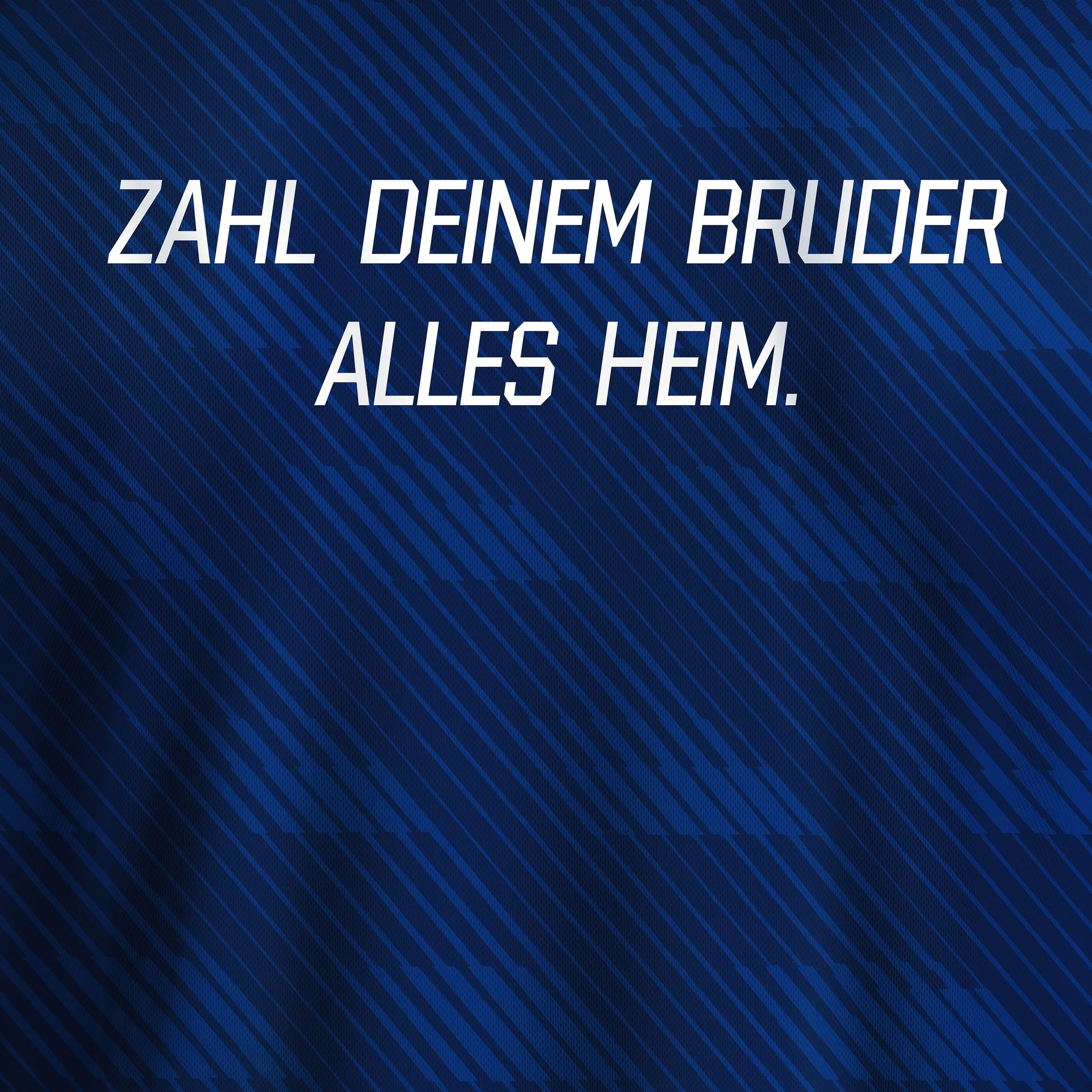 20 Minuten WM-Tippspiel: Dunkelblaues Frankreich-Trikot mit Diagonalstruktur, weisse Flockschrift "Zahl deinem Bruder alles heim."