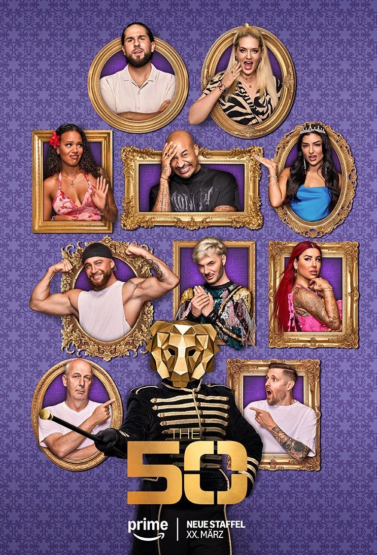 Key-Visual The 50 Staffel 3 mit Cast in Goldrahmen und Löwenmaske vor lila Wand für Amazon Prime – Composing Bildergut.