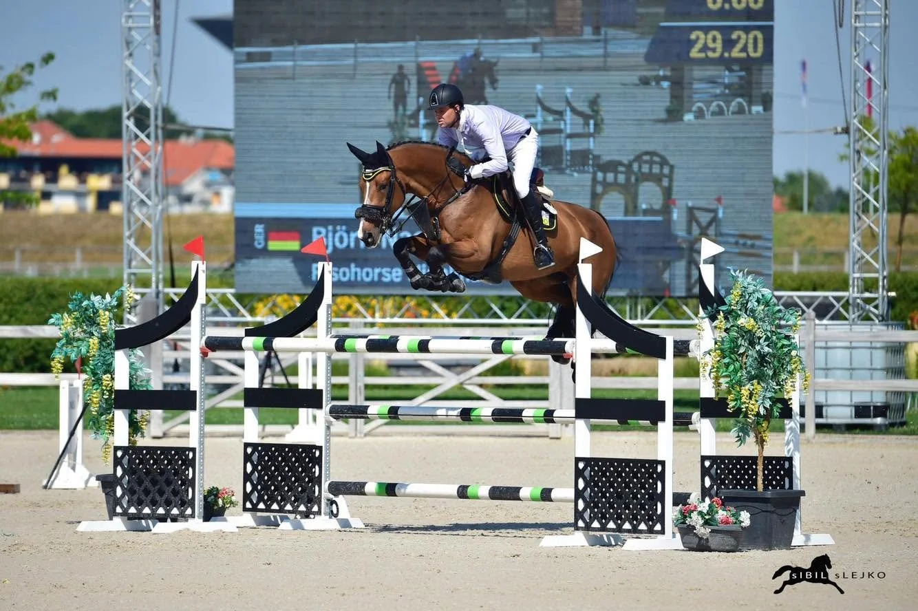 Bjorn Nagel jumping over a black and white showjumping obstacle decorated with green and white plants during a horse jumping competition.
