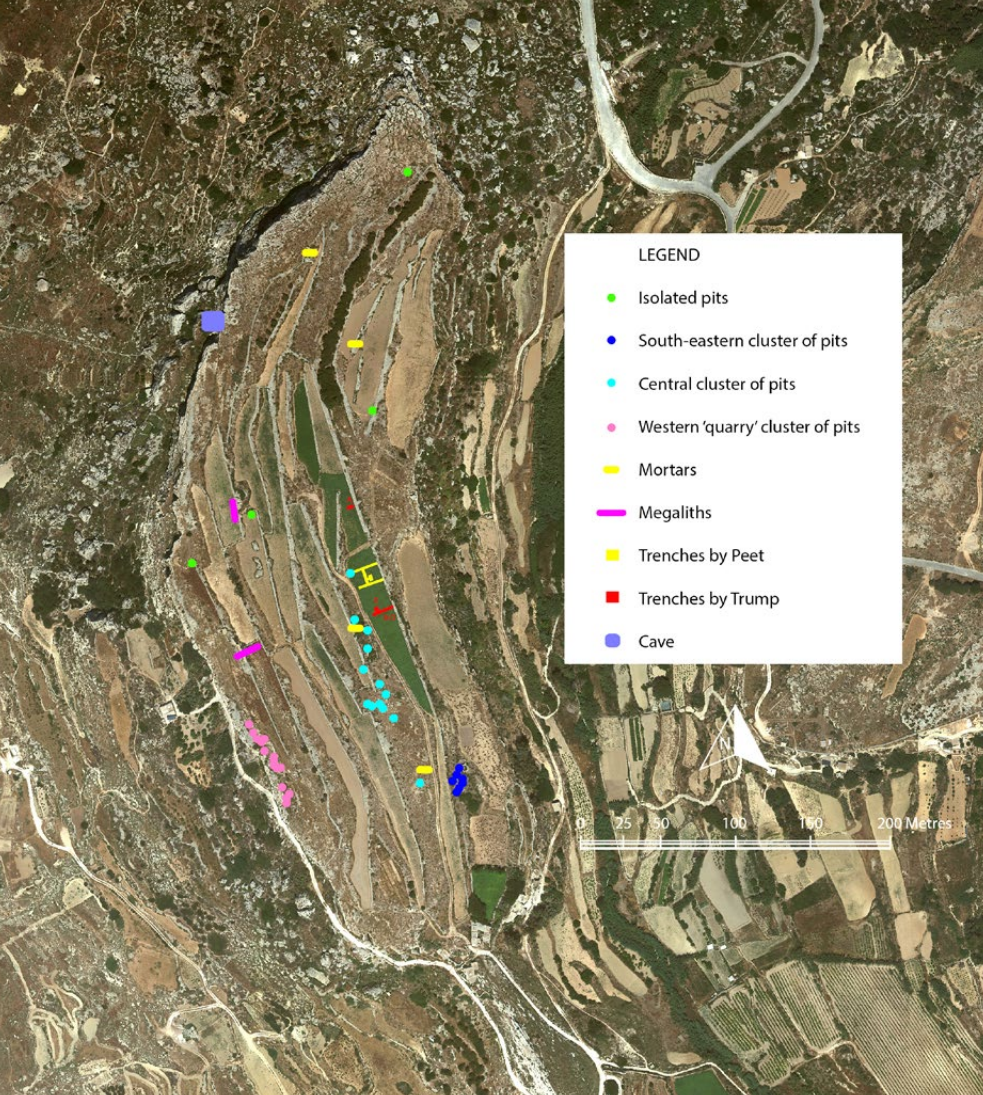 A detailed map showing various archaeological features, pits, mortars, megaliths, trenches by Peet and Trump, and caves.