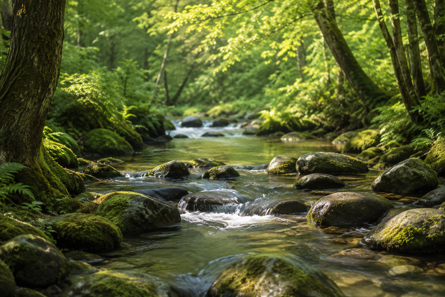 A serene forest stream with moss-covered rocks, surrounded by lush green trees and dense foliage.