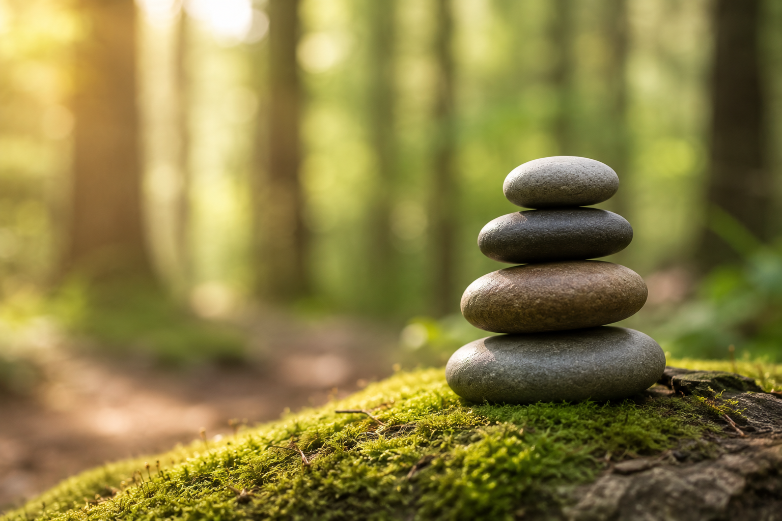 Stack of five smooth, rounded stones placed on mossy ground in a forest with blurred trees in the background.