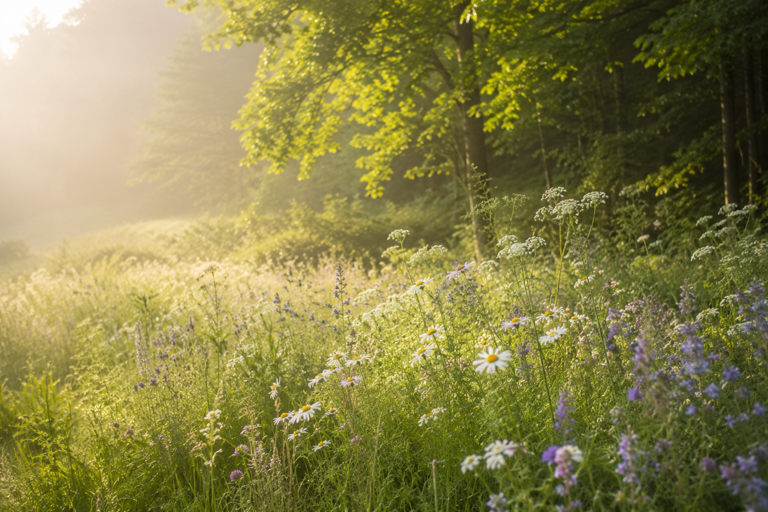 Sunlit wildflower field with daisies, purple and white flowers, and green foliage, with trees and a misty atmosphere in the background.