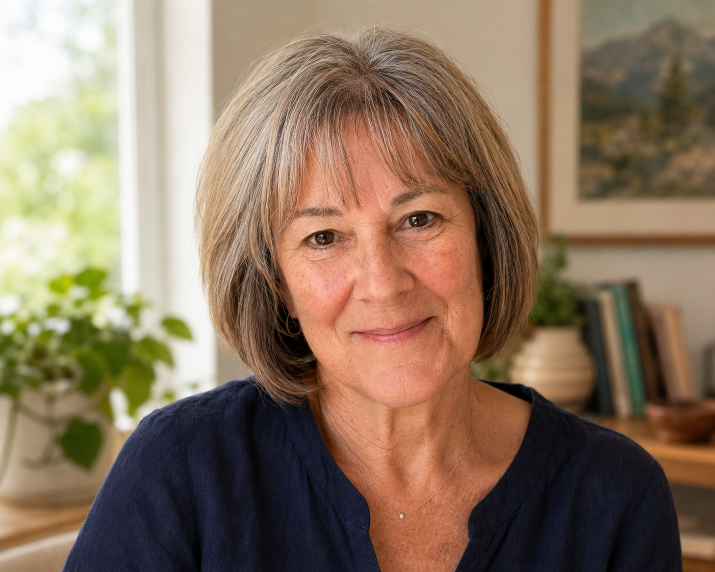 A smiling middle-aged woman with light brown hair and brown eyes sitting indoors with a background of a window, plants, and a bookshelf.