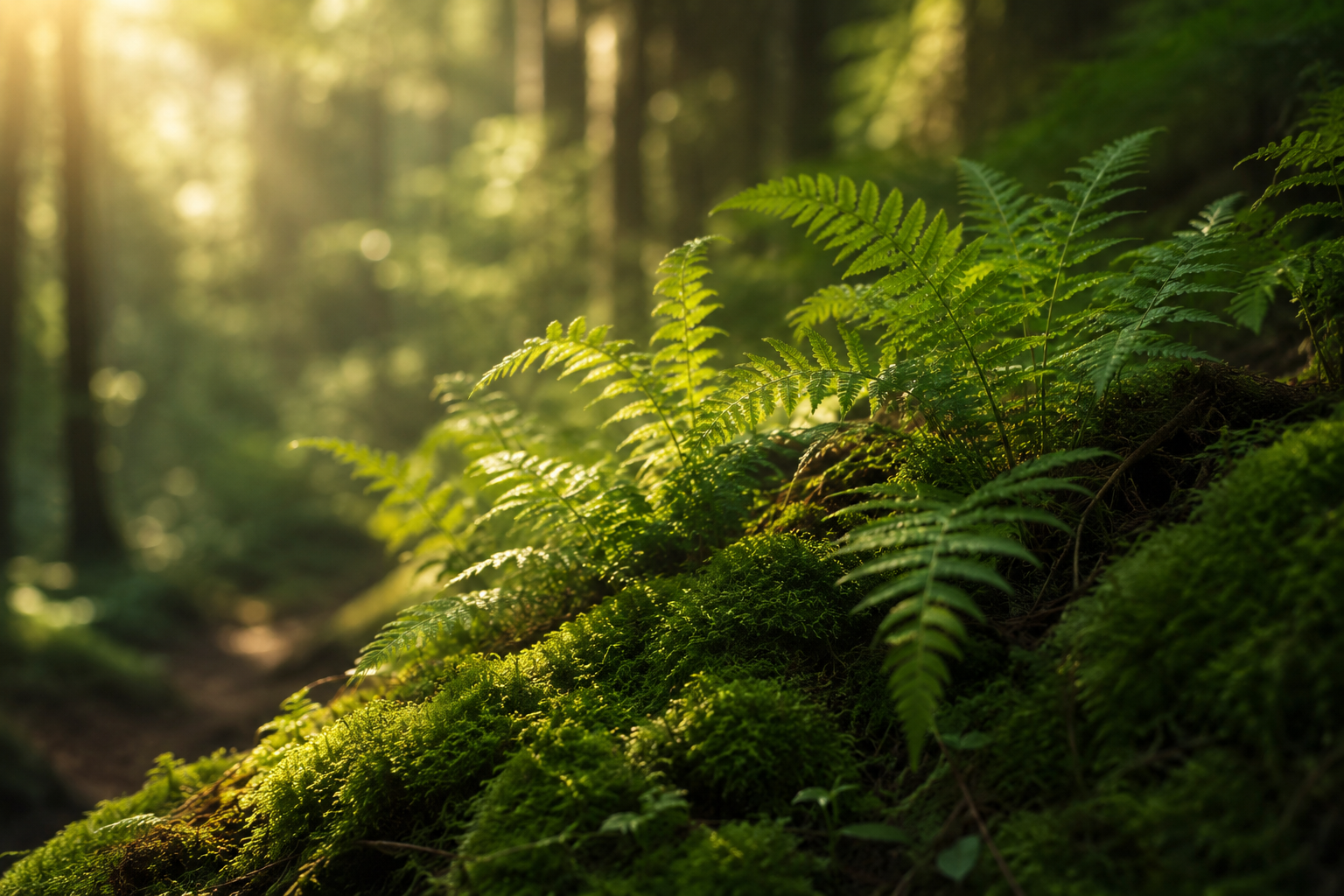 Sunlight filtering through a dense forest illuminating green ferns and moss on the forest floor.