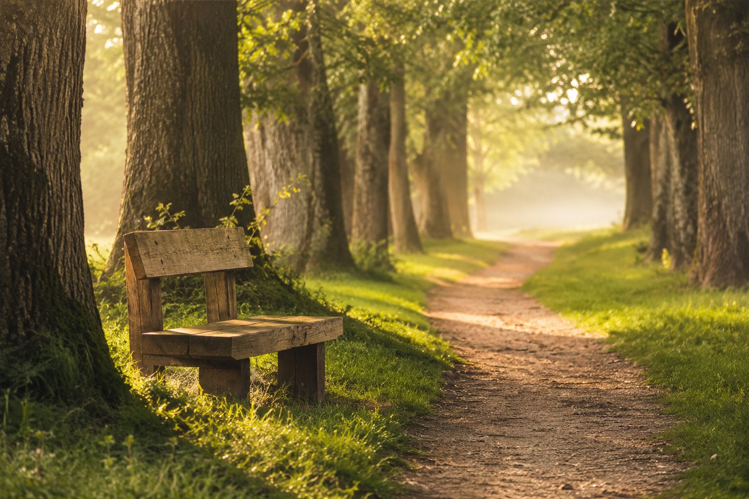 A wooden bench next to a large tree in a peaceful forest, with a dirt path leading into the distance and sunlight filtering through the green leaves.