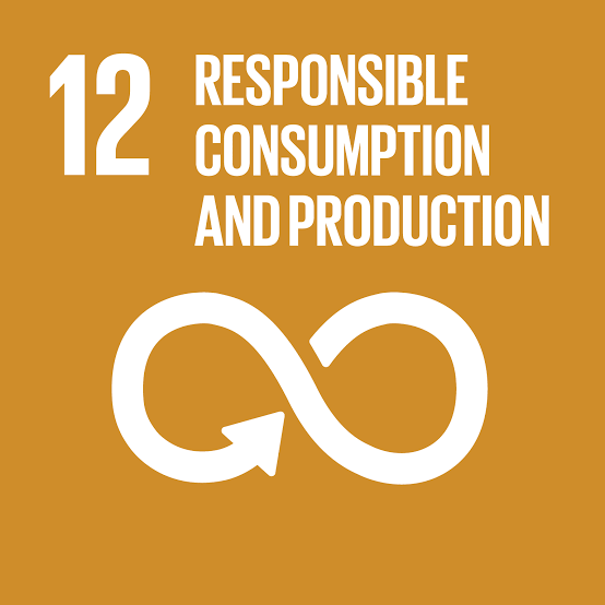 Goal 12 of the United Nations Sustainable Development Goals: Responsible Consumption and Production, with a large number 12, a circular arrow symbol representing sustainability, and a gold background.