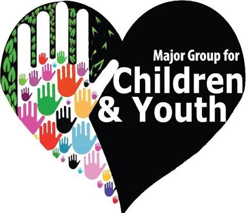 A heart-shaped graphic with the left half showing colorful raised hands and the right half black with white text reading 'Major Group for Children & Youth'.
