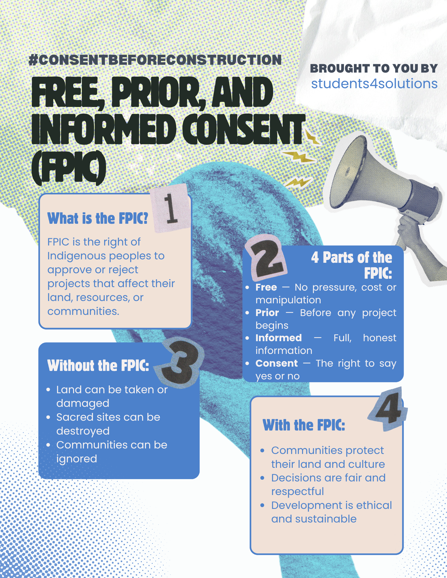 Infographic explaining the concept of Free, Prior, and Informed Consent (FPIC). It features a blue and beige color theme, with sections detailing what FPIC is, what happens without it, and what benefits it offers to communities. A megaphone icon symbolizes advocacy and voice.