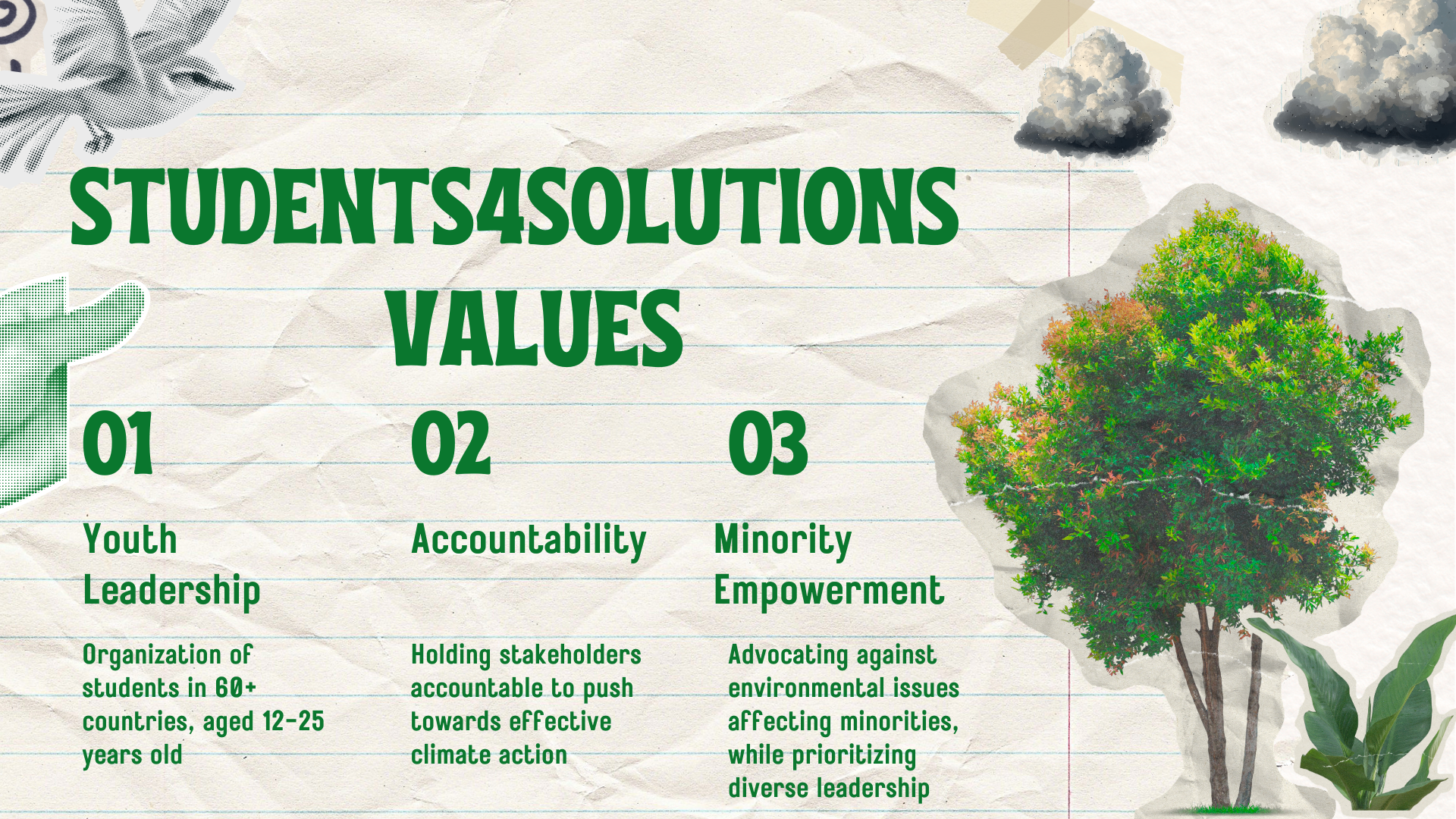 A colorful poster titled 'STUDENTS4SOLUTIONS VALUES' displays three key values: 1. Youth Leadership with details about organization of students aged 12-25 in over 60 countries; 2. Accountability with points on holding stakeholders accountable to push toward effective climate action; 3. Minority Empowerment with notes on advocating against environmental issues affecting minorities while prioritizing diverse leadership. The poster has a background of paper texture, torn paper edges, clouds, and a tree illustration.