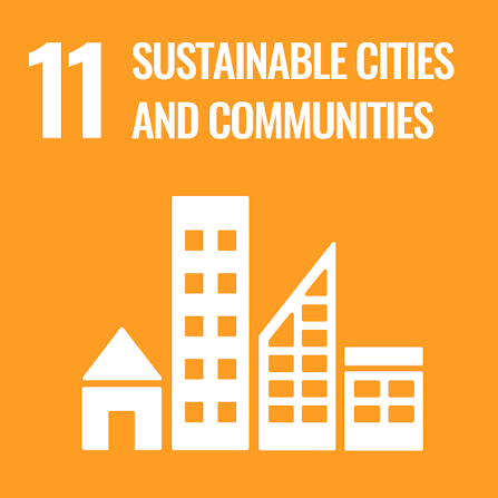 Icon representing sustainable cities and communities with four stylized buildings on an orange background, along with the number 11 and the text 'Sustainable Cities and Communities'.