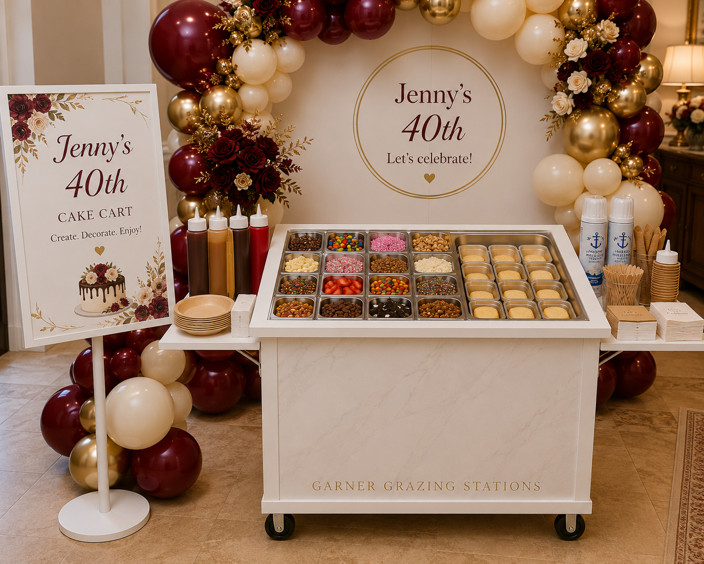A dessert buffet table celebrating Jenny's 40th birthday, decorated with red, white, and gold balloons and flowers. The table has various toppings and sauces for a dessert or ice cream bar, with cups, spoons, and napkins.