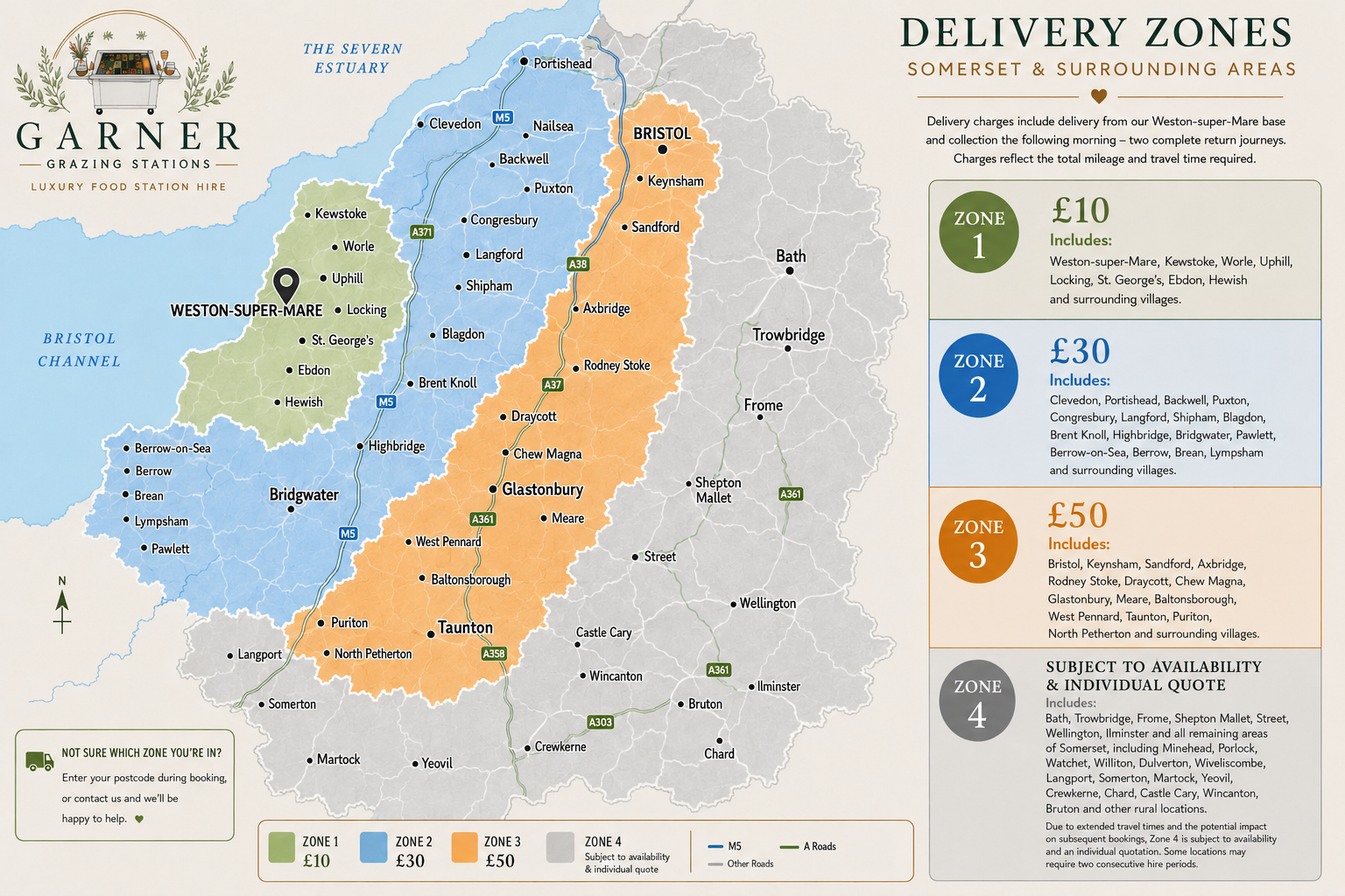 Garner Grazing Stations offers a pick up or delivery service of it's grazing tables, cheese carts and cake bars throughout Somerset