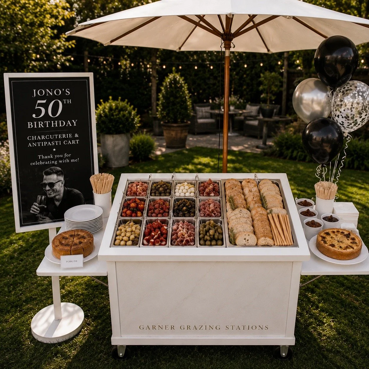 Outdoor birthday party setup with a white grazing table filled with vegetables, bread, and crackers, decorated with balloons and an umbrella, celebrating Jono's 50th birthday with charcuterie and antipasti.