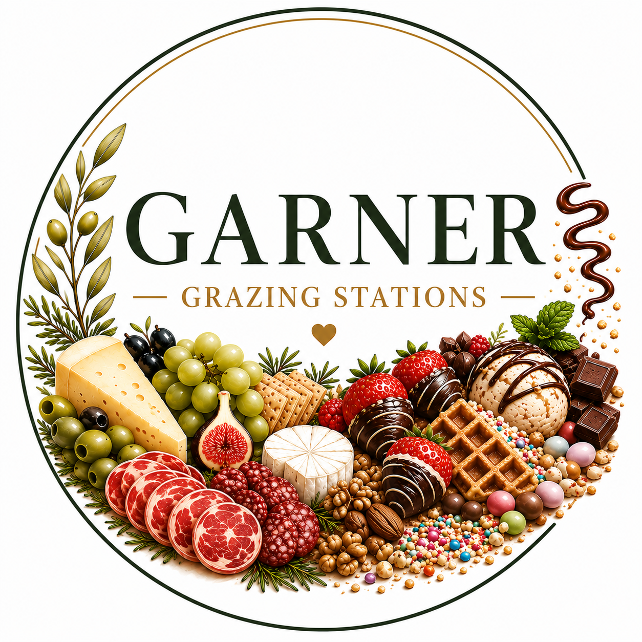 Garner Grazing Stations featuring charcuterie, various cheeses, fruits, chocolates, crackers, and cakes and deserts