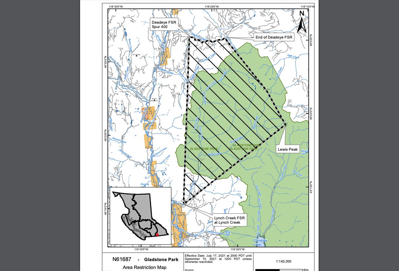 Area Restrictions in effect for Gladstone Creek Wildfire north of Christina Lake