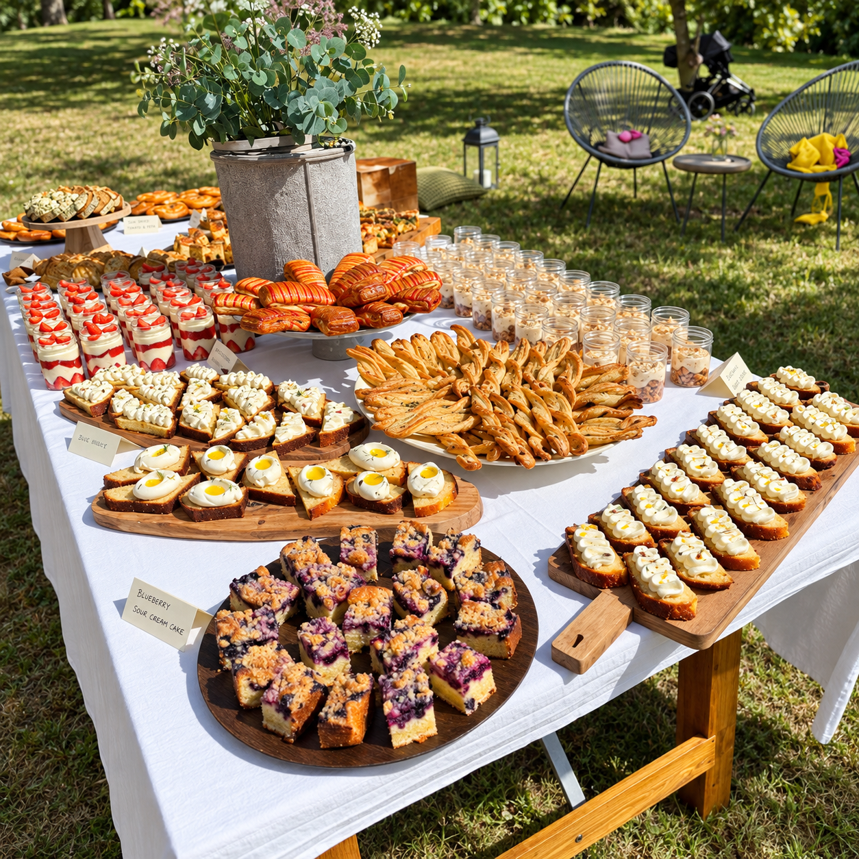 Outdoor catering table with assorted cakes, pastries and savoury bites.