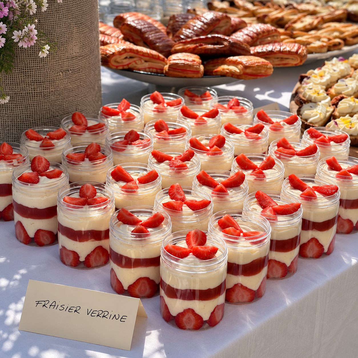 Catering dessert table with strawberry verrines and assorted pastries.