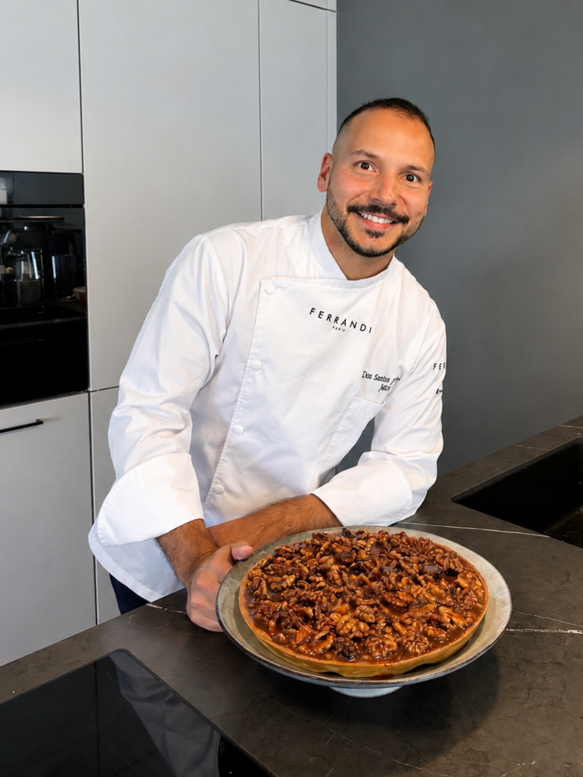 Pastry chef Julio Ferreira holding a freshly baked tart in his Zurich kitchen.