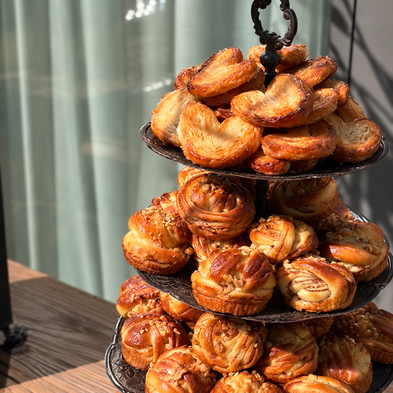 Tiered display stand holding assorted pastries, including palmiers and cinnamon knots