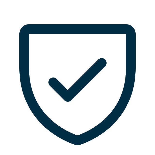 A dark blue shield outline with a checkmark in the center on a light gray background.