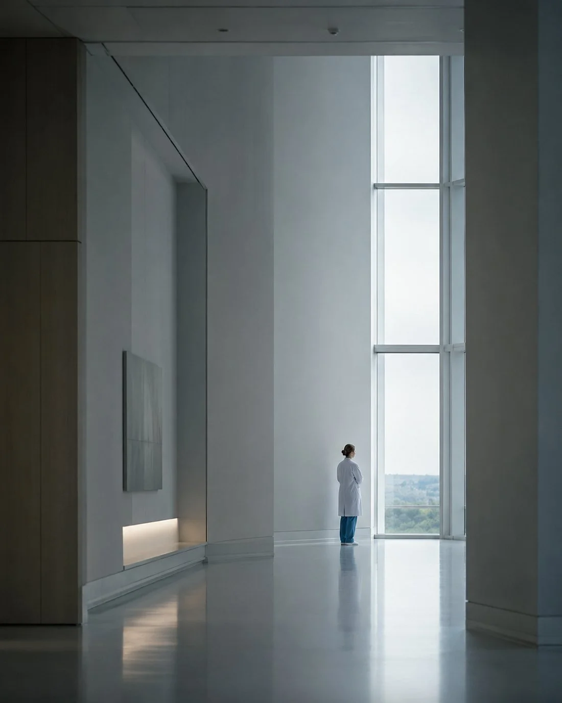 Eine einzelne Person in einem weißen Laborkittel steht vor einem großen Fenster in einem modernen, minimalistischen Gebäude und schaut hinaus.