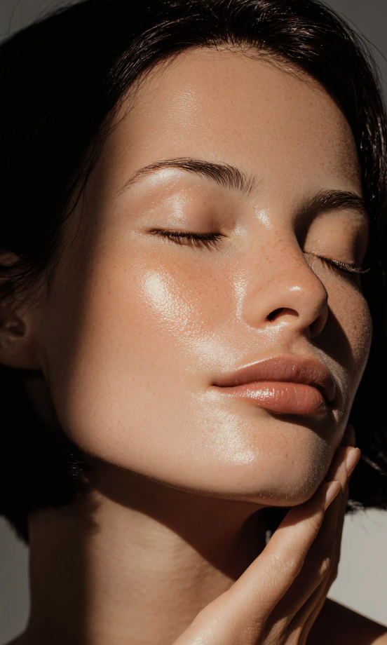 Retrato de una mujer con piel radiante y ojos cerrados, tocándose el cuello con una mano, en un estilo minimalista y natural.