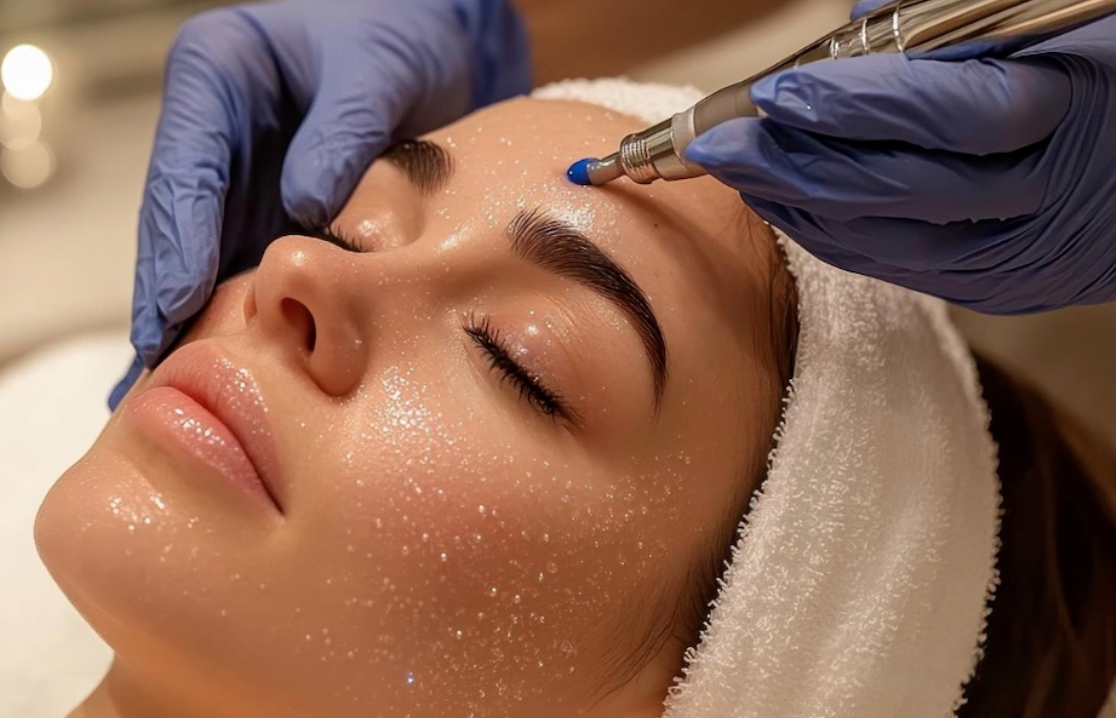 Una mujer recibe un tratamiento facial con un dispositivo en una clínica estética, con guantes azules. La mujer tiene la cara relajada con maquillaje brillante y una toalla en la cabeza.