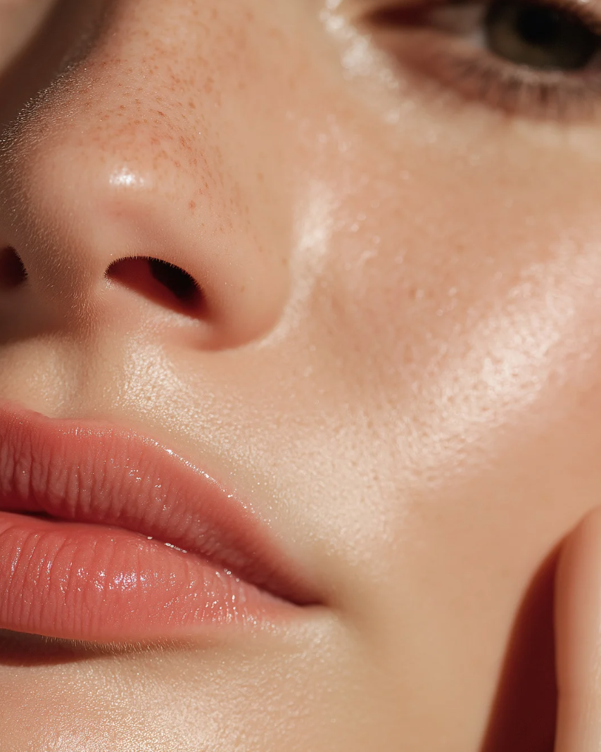 Primer plano de la cara de una persona, mostrando la nariz, labios y parte del ojo, con piel clara y sin maquillaje visible.