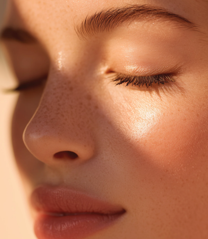 Primer plano de una cara femenina con ojos cerrados, piel luminosa y natural, cejas arregladas y labios suaves.