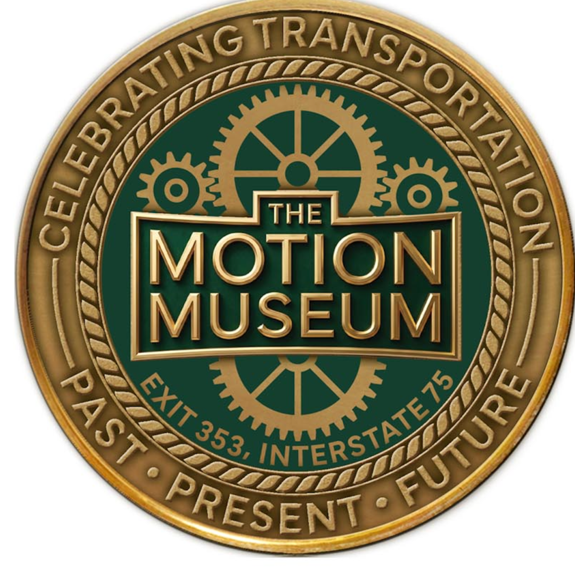 Close-up of a circular metal emblem with gold and green colors, reading 'The Motion Picture' and 'Museum', with various gears and mechanical elements depicted in the center.