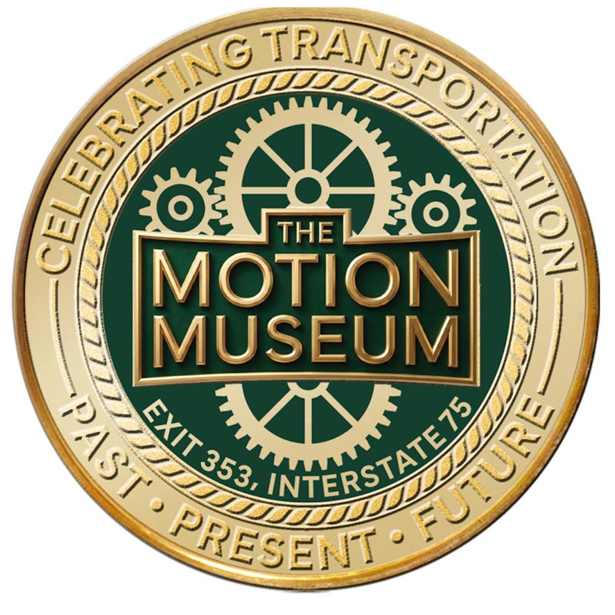 Gold badge for the Eisen Trading Company, featuring a gear design and the words 'The Motion' in the center, with various other words around the outer ring, such as 'President,' 'Assistant,' 'PR,' and contact information.