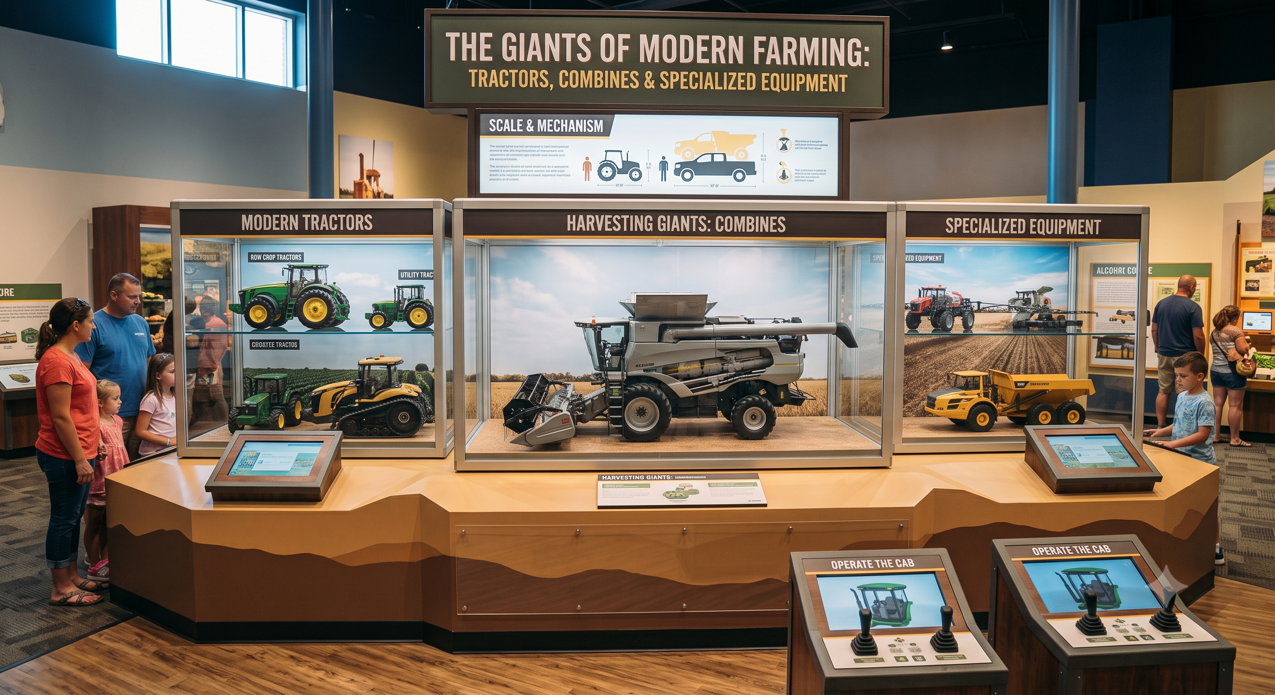 Exhibit display of modern farm equipment including tractors, harvesting combines, and specialized machinery in a museum exhibit with visitors observing and interactive displays.