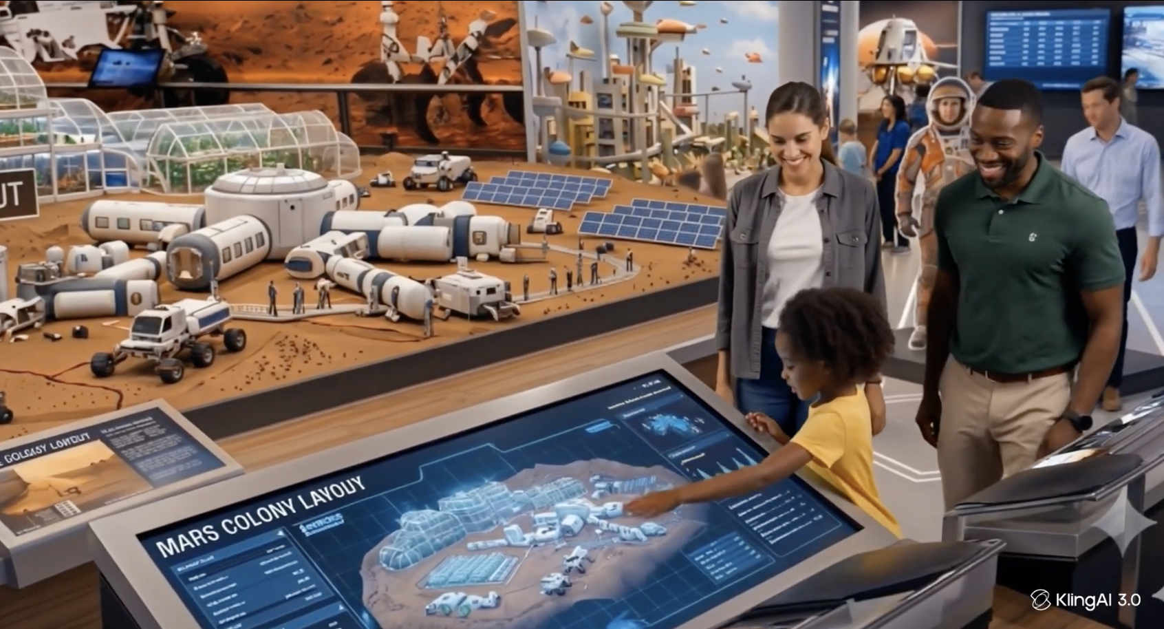 A group of people, including a child, at an exhibit about Mars colonization. The exhibit features a detailed model of a Mars colony layout with interconnected domes, greenhouses, vehicles, and solar panels. An interactive touchscreen display in front shows a digital map of the Mars colony.