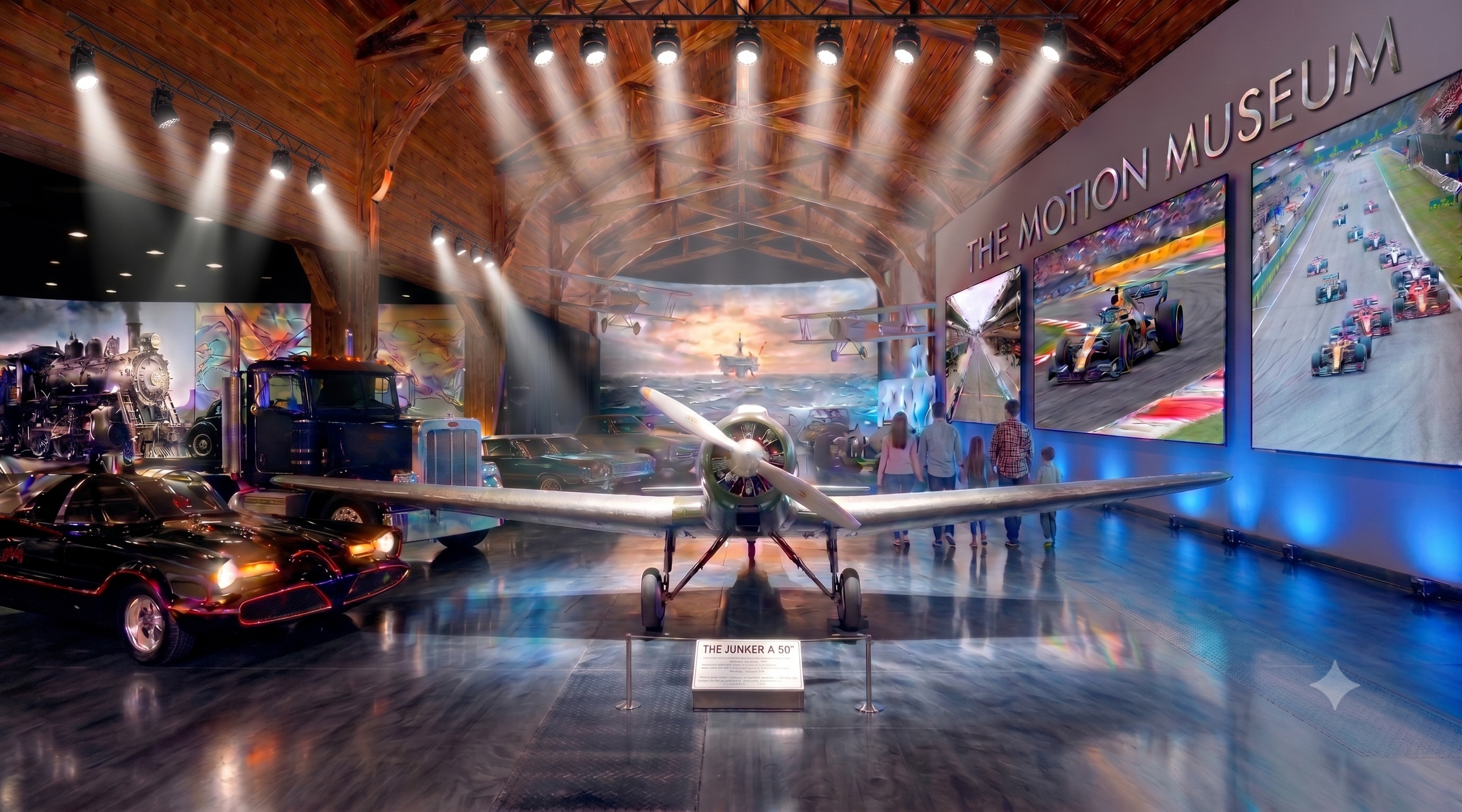 A museum exhibit space with a vintage airplane, classic cars, and a large screen showing racing images. Visitors are viewing the displays, which include a steam locomotive model and various vehicles, under a wooden vaulted ceiling with spotlights.