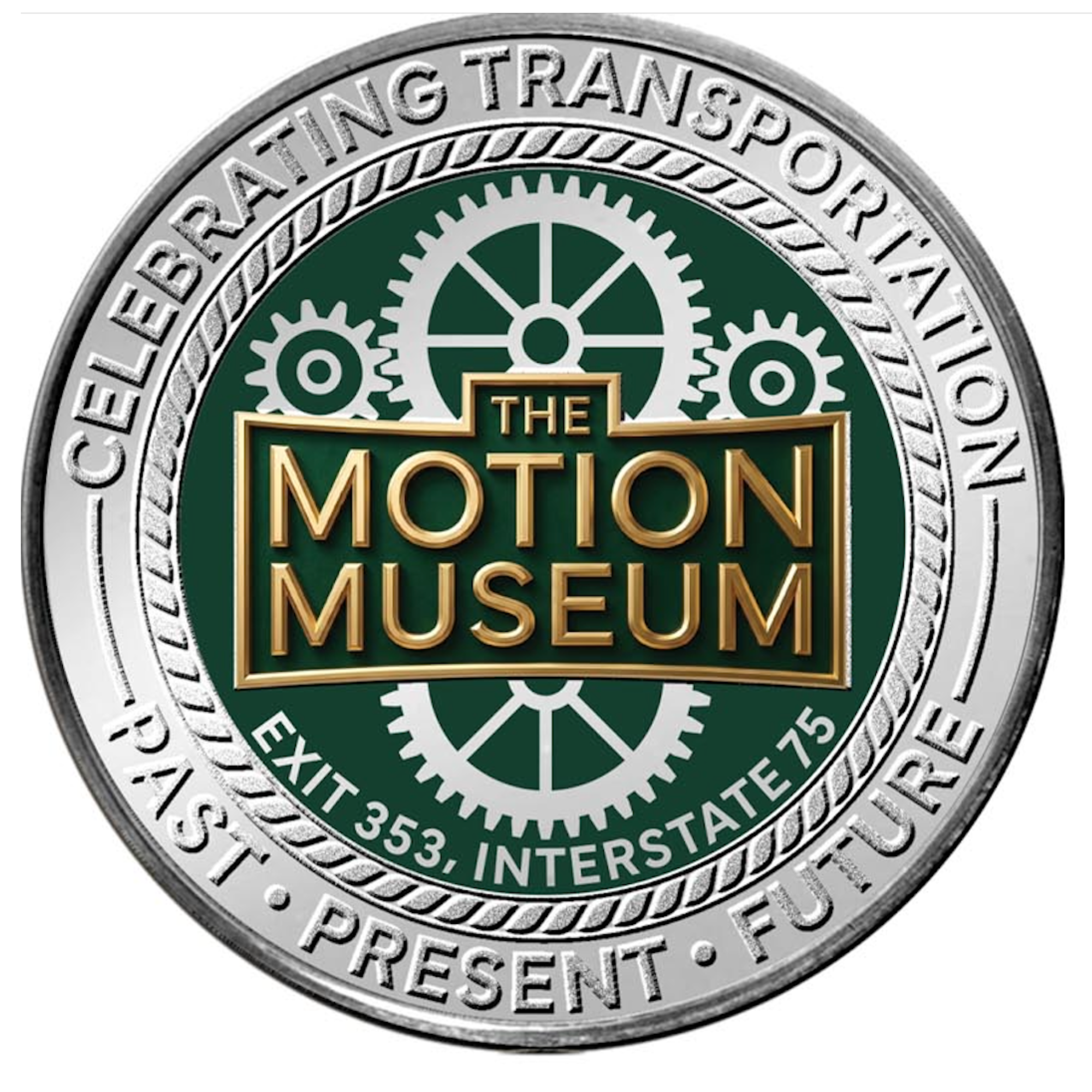 Close-up of a circular emblem with the words 'The Museum of the American Railroad' and 'Research' in gold letters and gear symbols in green, black, gray, and white colors.