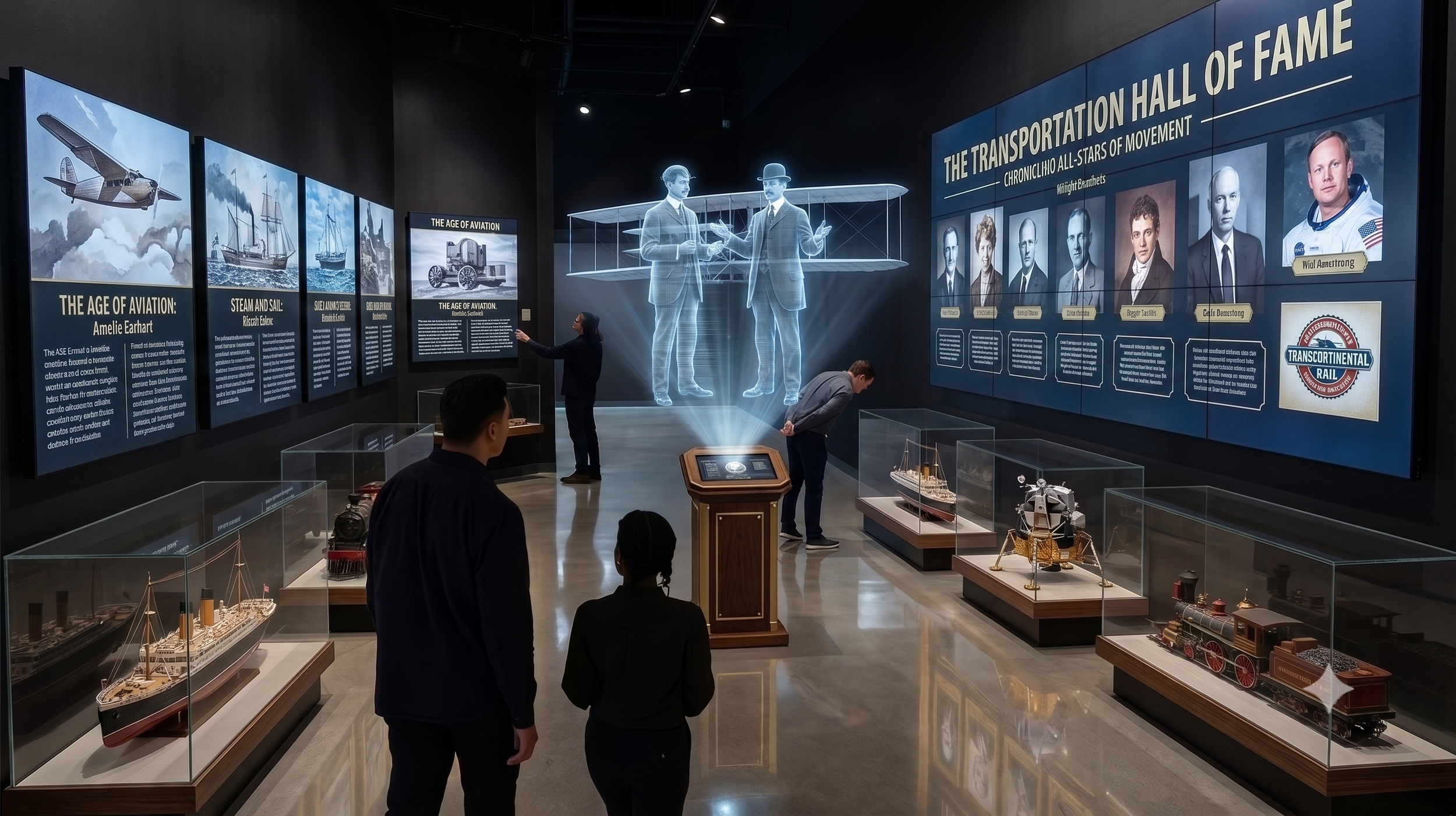 Visitors exploring an exhibition about transportation history, with displays of model ships, information panels, and a holographic projection of two men with an airplane model.