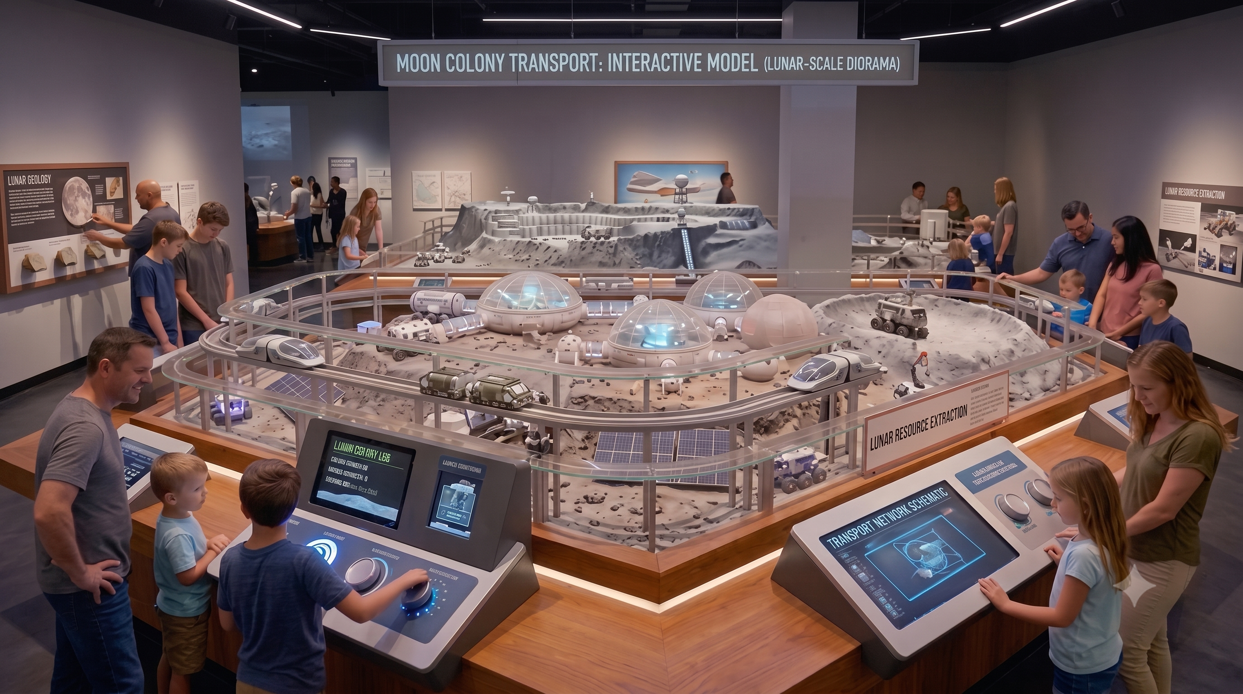Exhibition display of a lunar-scale diorama of a moon colony with visitors observing, with informational panels and interactive touchscreen displays.