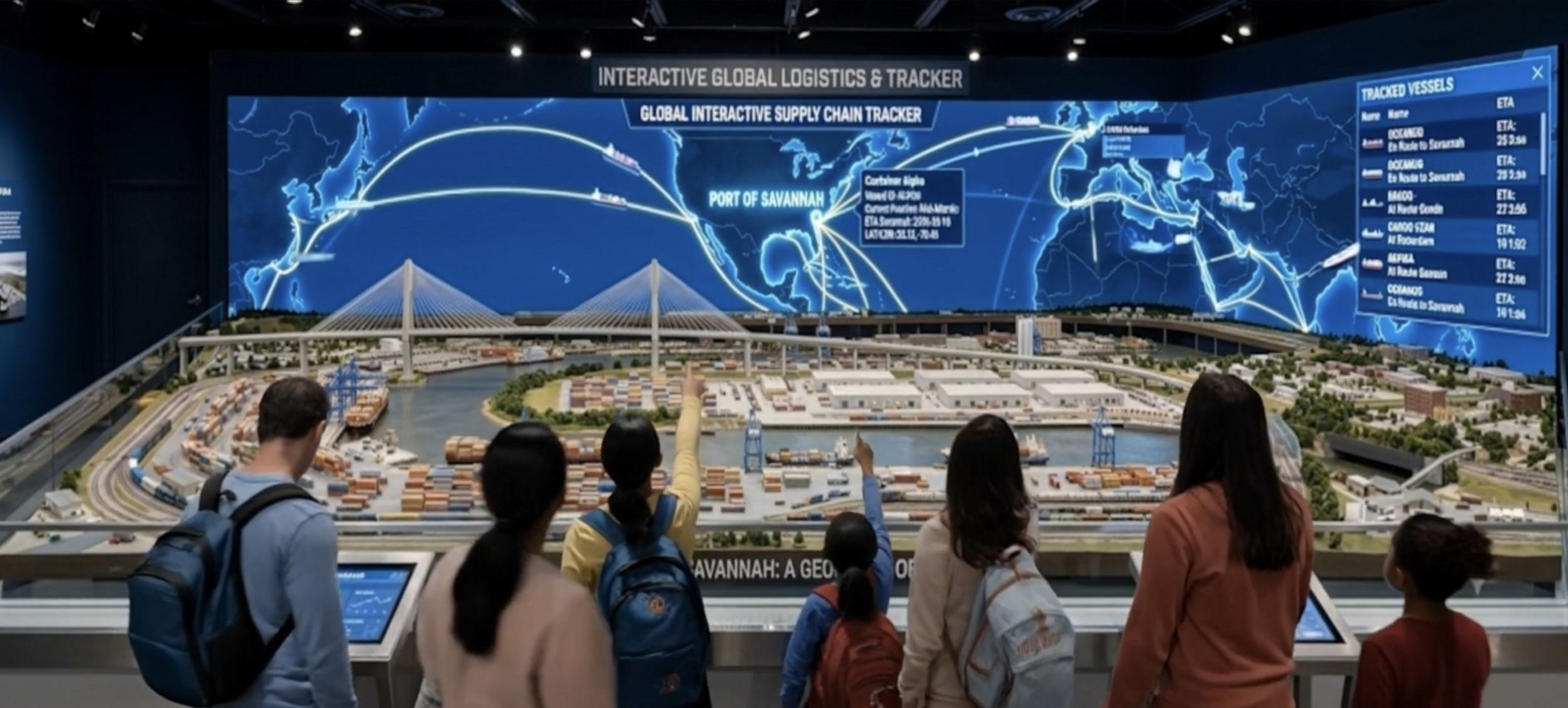 Museum exhibit showing a large interactive global logistics and supply chain map with miniature cityscape and model ships and bridges in the foreground, and visitors observing and pointing at the display.