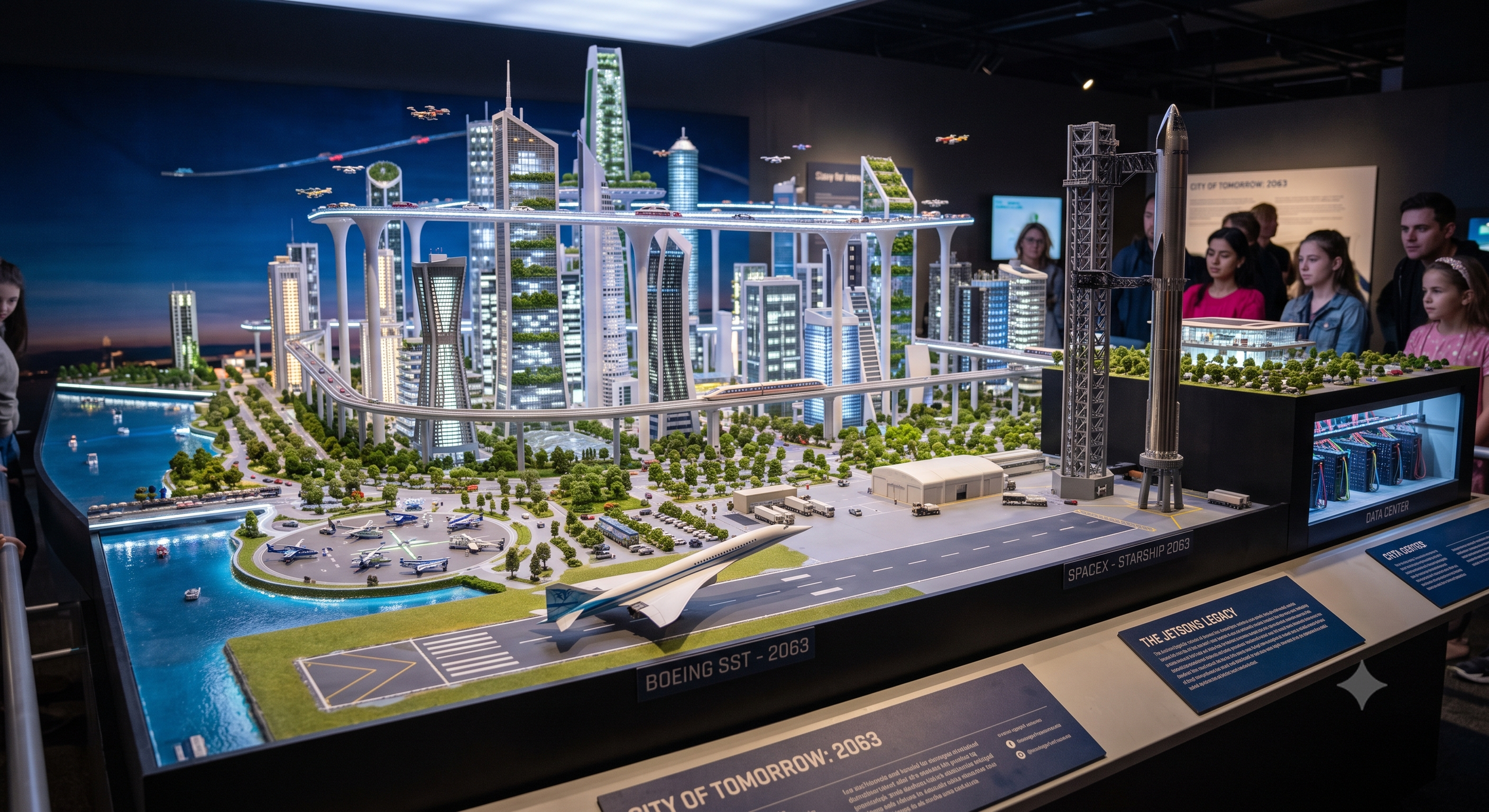 A detailed scale model of a futuristic cityscape with tall skyscrapers, green spaces, a waterfront with boats, and an airport with planes, displayed at a museum exhibit.