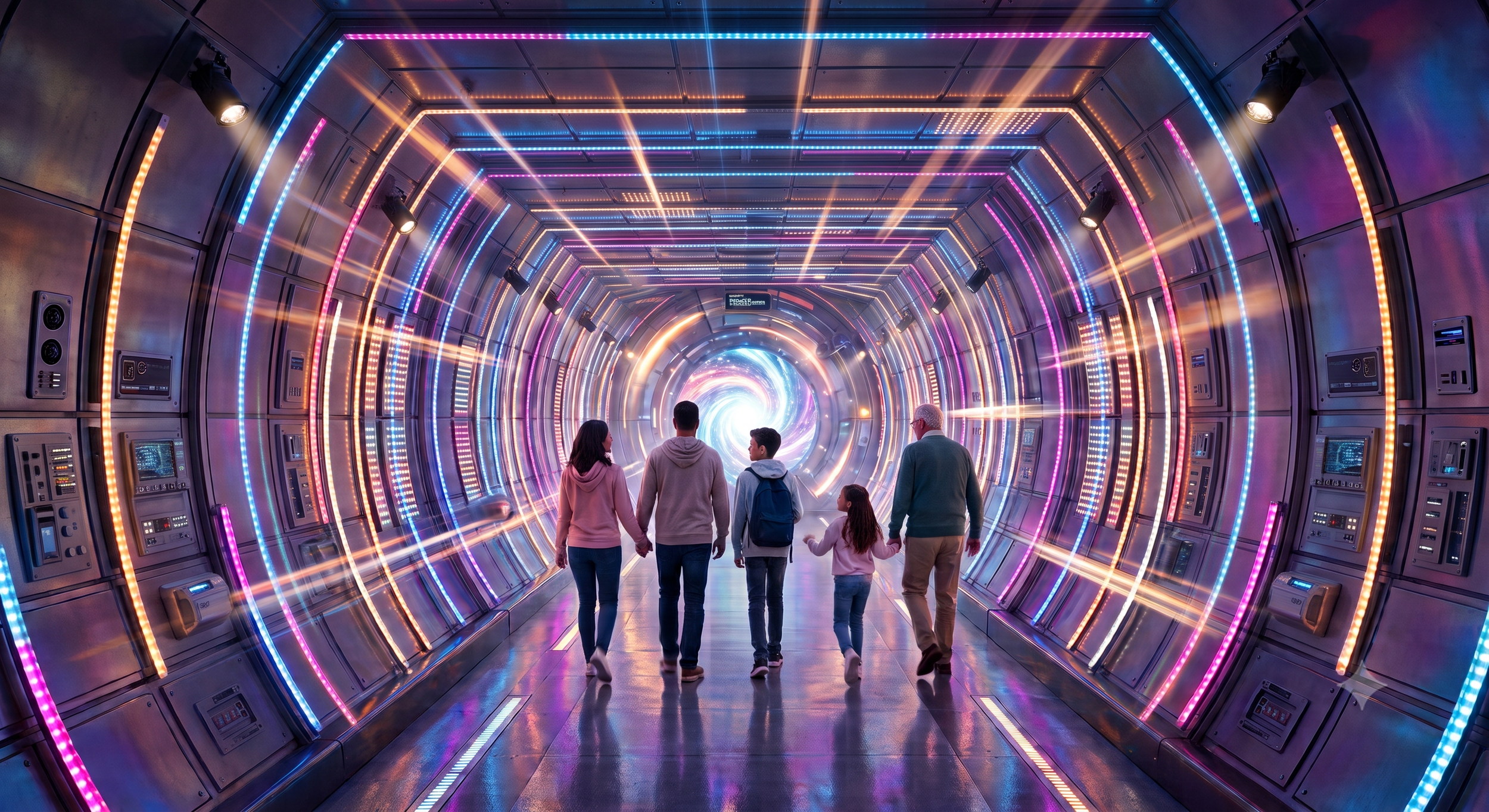 A group of five people holding hands walking through a colorful, futuristic tunnel with vibrant neon lights and digital panels.